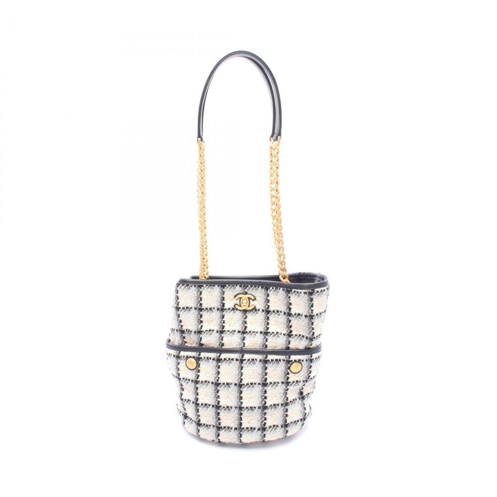 Chanel Coco Mark Bucket Bag Shoulder Handbag Fabric Leather Women's Black Gra...